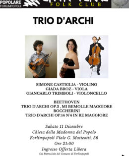 ENTROTERRE FOLK CLUB 11 Dicembre 2021 Trio d’Archi Simone Castiglia – Violino Giada Broz – Viola Giancarlo Trimboli – Violoncello